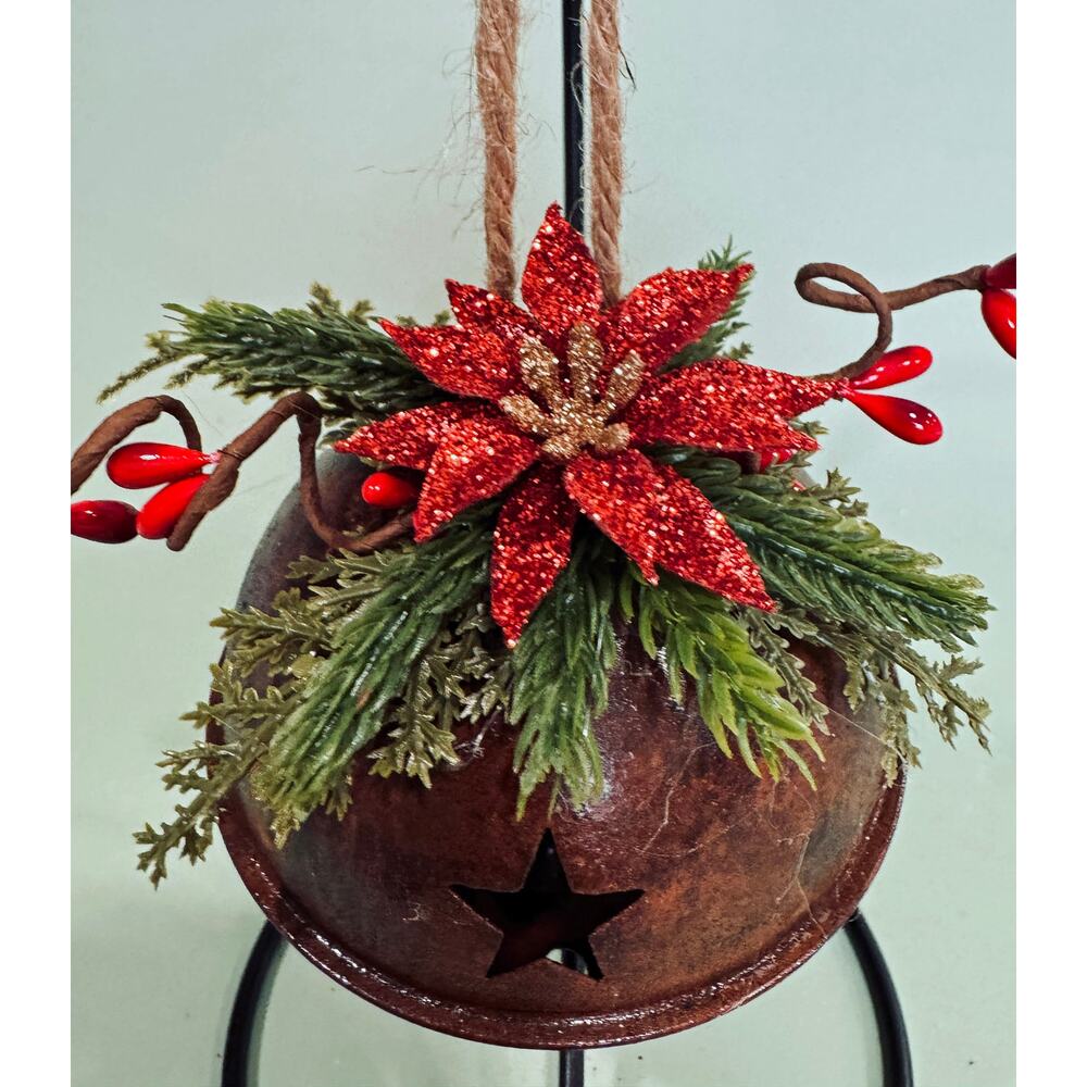Price Reduced Rustic Rusty Bell Christmas Glitter Poinsettia CO18 - Picture 3 of 5